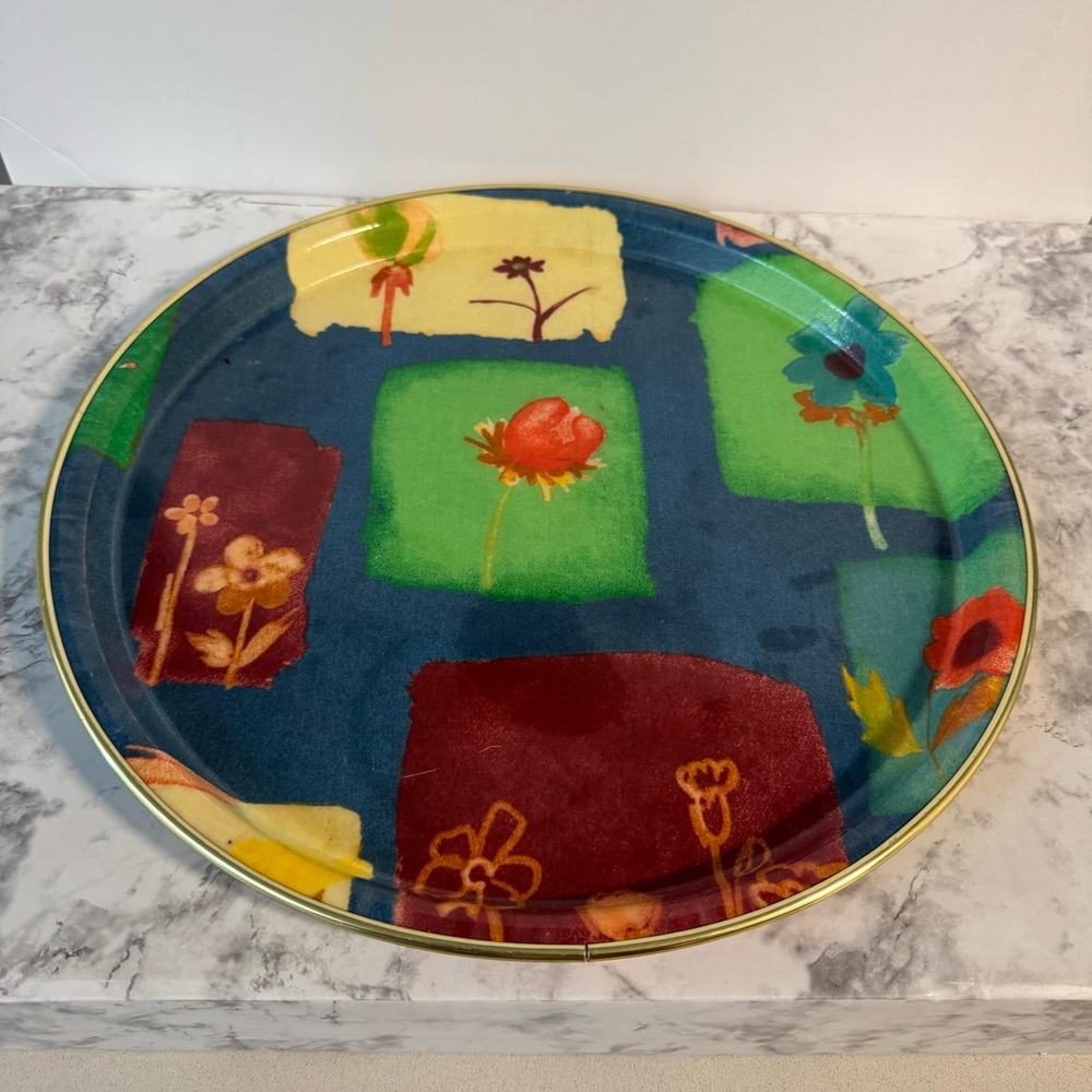 Vtg Keswick Fiberglass Round Serving Tray w/ Gold Trim 12” Multicolor/Flowers